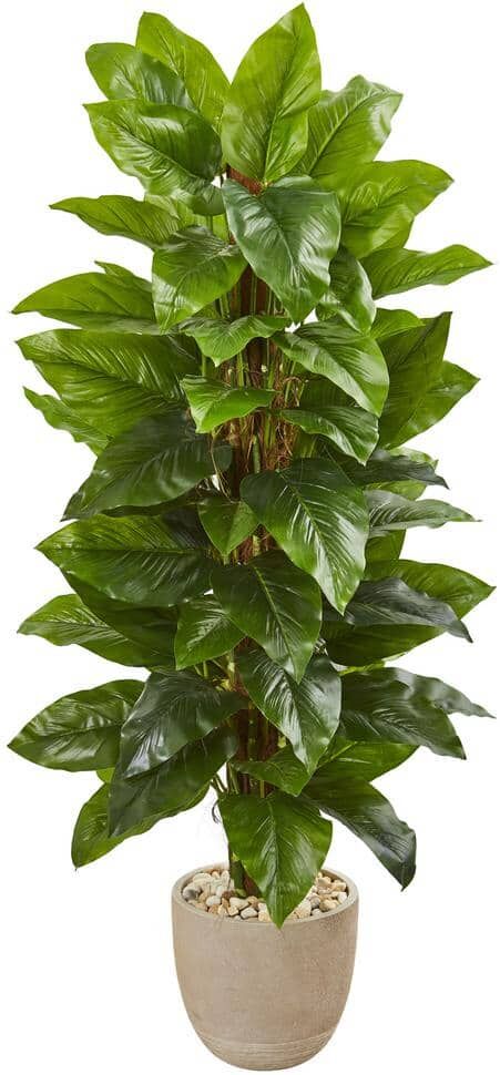 Nearly Natural Indoor 58-In. Large Leaf Philodendron Artificial Plant in Sand Stone Planter