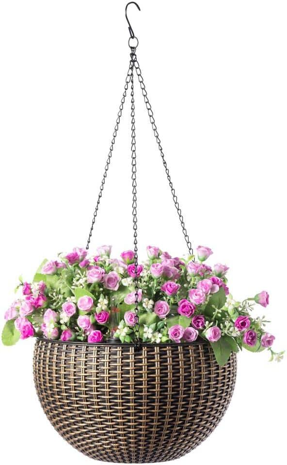 Gardenised 10 in. Self Watering Bronze Plastic Hanging Basket Flower Planter