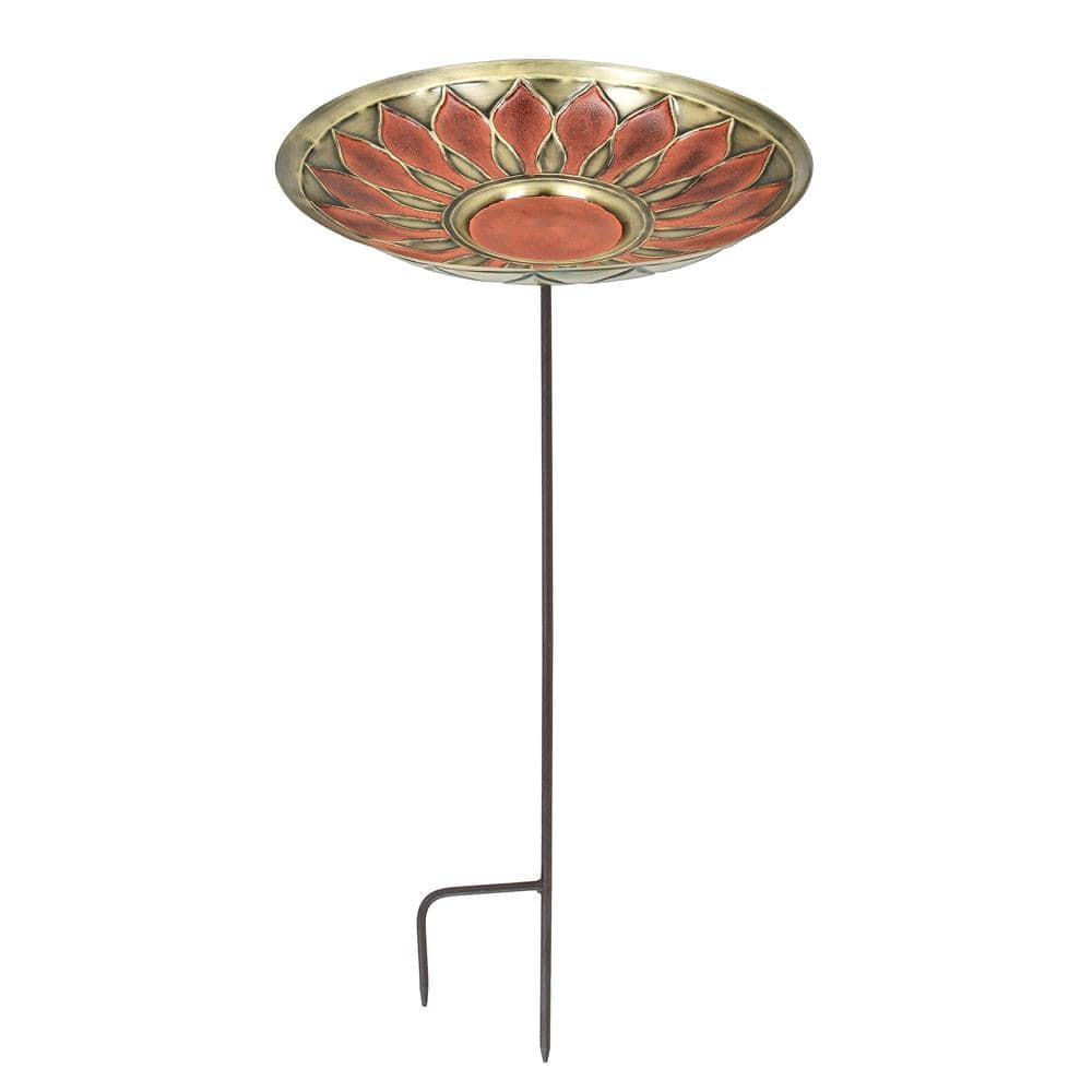 ACHLA DESIGNS 40 in. Tall Antique and Patina Red African Daisy Birdbath with Stake