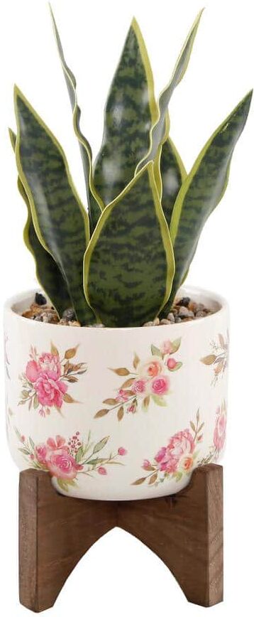 Flora Bunda 12 in. Artificial Faux Snake Plant in Flower Print White Ceramic Pot on Wood Stand