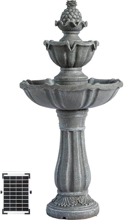 XBRAND 36.2 in. Solar Water Fountain, 2-Tier, Grey Resin, Outdoor, with Solar Panel & Solar Pump for Home Garden Yard Decor