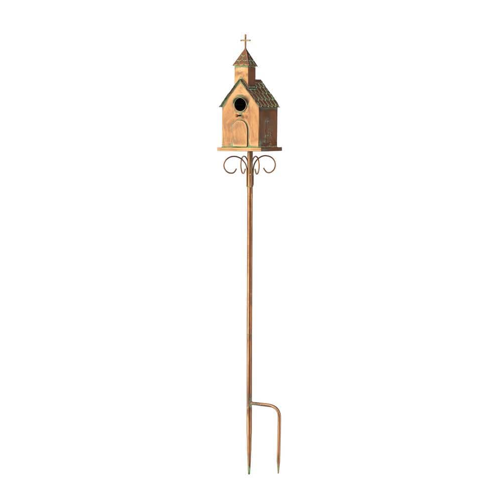 Glitzhome 53.00 in. H Farmhouse Faux Copper Distressed Metal Church Garden Birdhouse with Stake (KD)