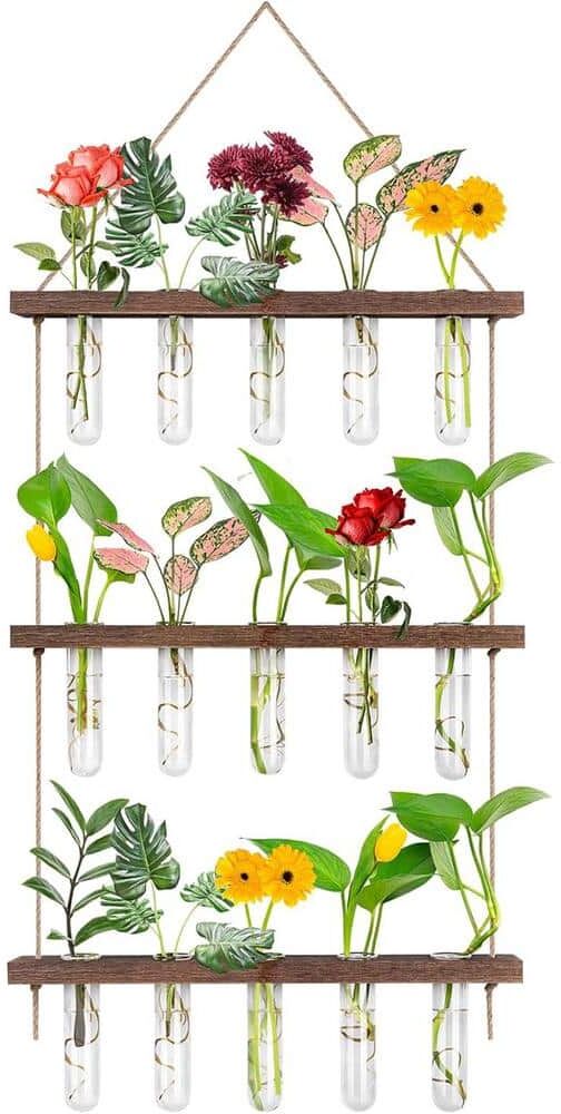 EVEAGE 4.3 in. Test Tubes Wall Hanging Planter Terrarium with Wooden Stand, 3 Tiered Propagation Test Tube (16-Pieces)