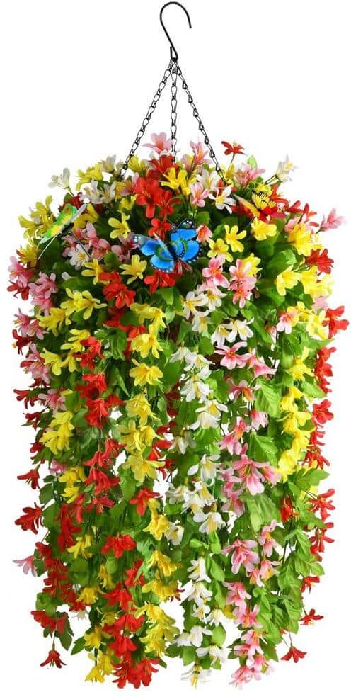 22 in. H Artificial Hanging Silk Lilies Flowers in Basket, Outdoor Indoor Patio Lawn Garden Decor, Multicolor