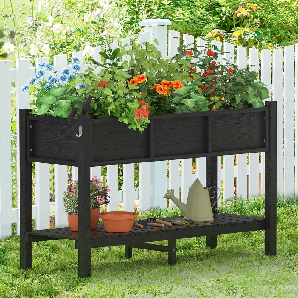LUE BONA 46 in. L x 17 in. W x 28 in. H Black Plastic Wood Raised Garden Bed with Tools, Water Resistant Elevated Planter Box