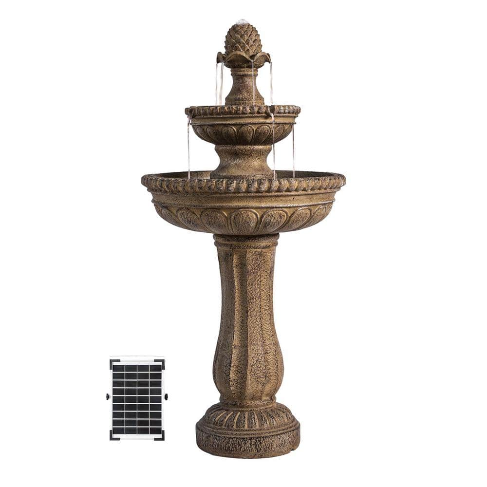 XBRAND 39 in. Solar 2-Tier Water Fountain, Outdoor, Sand Stone Resin with Solar Panel & Solar Pump for Home Garden Yard Decor