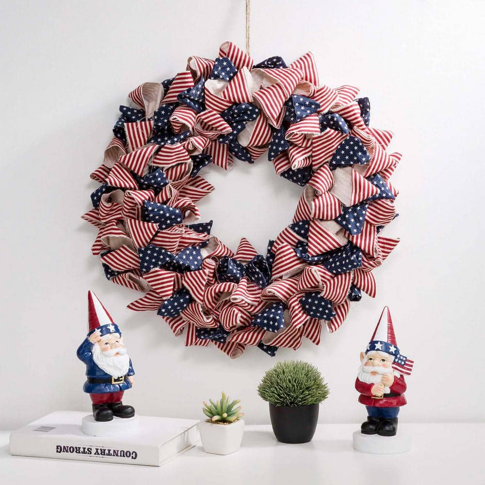 Glitzhome 18.9 in. D Fabric Patriotic Stripes and Stars Wreath