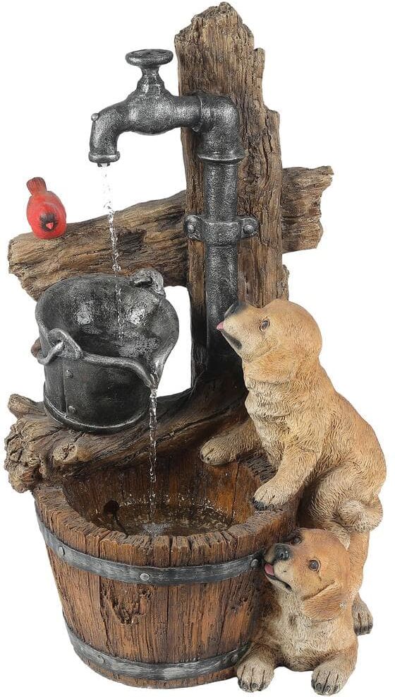 LuxenHome Resin Puppies and Water Pump Outdoor Patio Cascade Fountain with LED Light