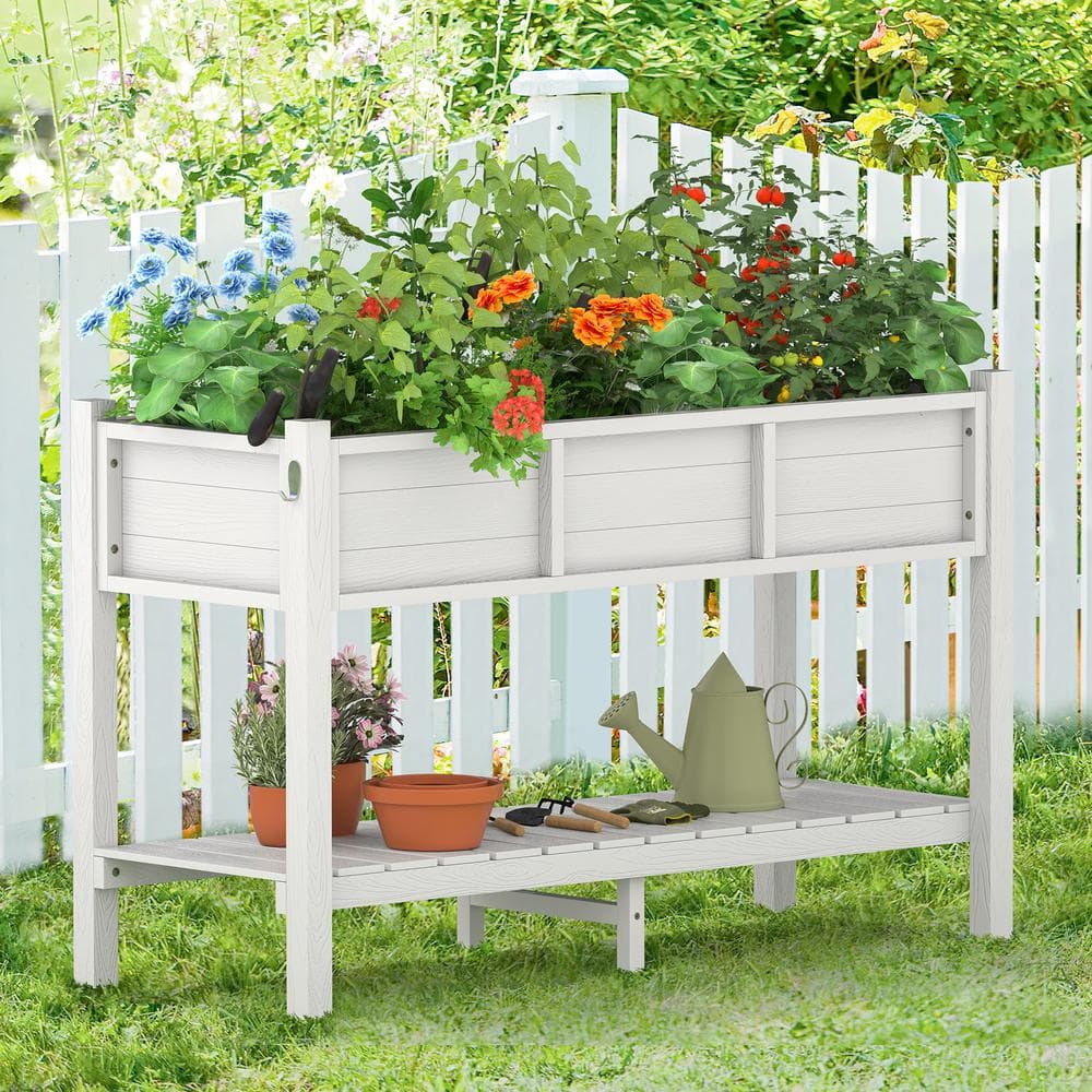 LUE BONA 46 in. L x 17 in. W x 28 in. H White Plastic Wood Raised Garden Bed with Tools, Water Resistant Elevated Planter Box