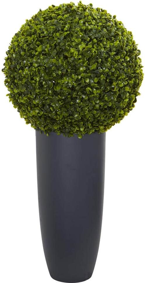 Nearly Natural 30 in. Indoor/Outdoor Boxwood Artificial Topiary Plant in Gray Cylinder Planter