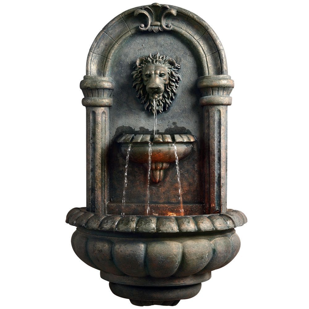 Teamson Home 32 in. H Outdoor Tiered Lion Head Wall Fountain Pump Included with LED Lights