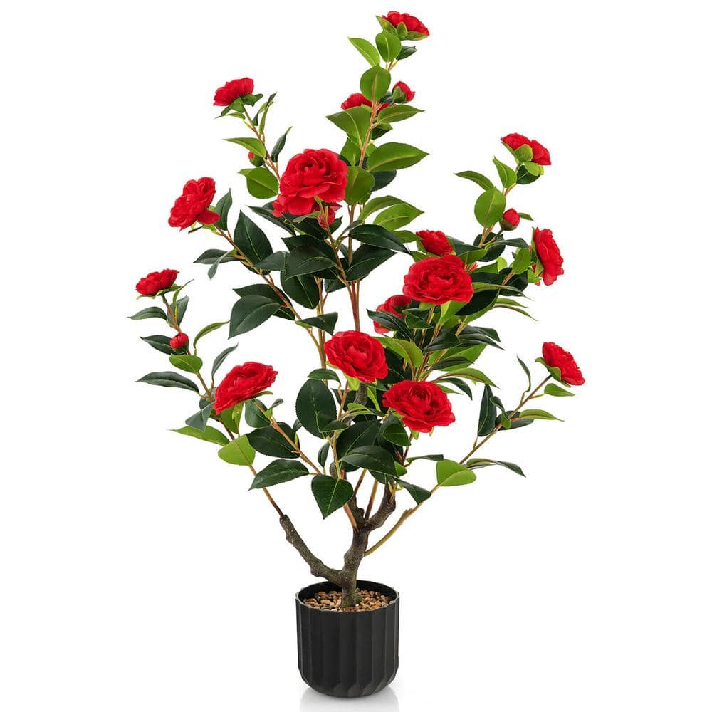 Gymax 38 in. Red Artificial Camellia Tree Topiary Faux Floral Plant Fake Tree for Decoration in Pot