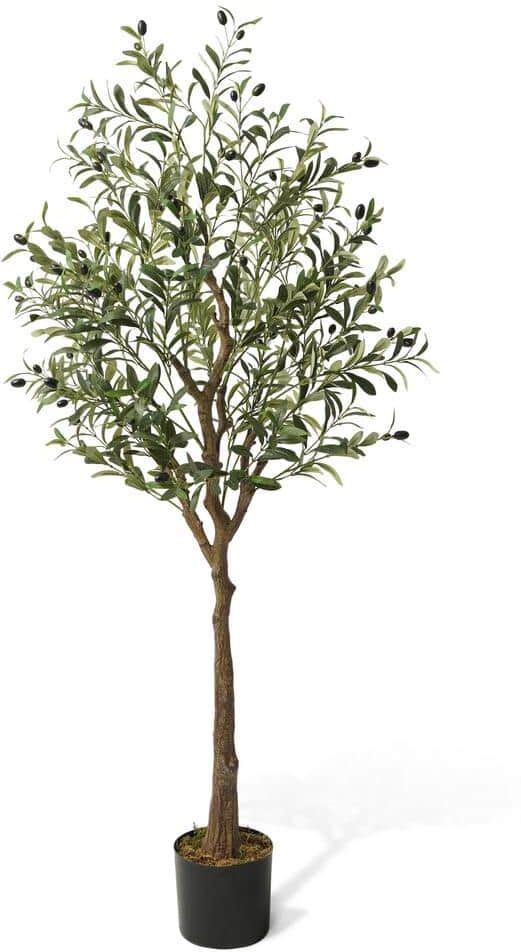 CAPHAUS 5 ft. Green Artificial Olive Tree, Faux Plant in Pot, Faux Olive Branch and Fruit with Dried Moss for Indoor Home Office