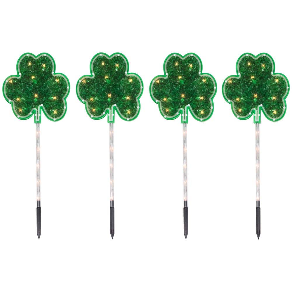 Northlight Green Shamrock St Patrick's Day Pathway Marker Lawn Stakes, Clear Lights (4-Count)