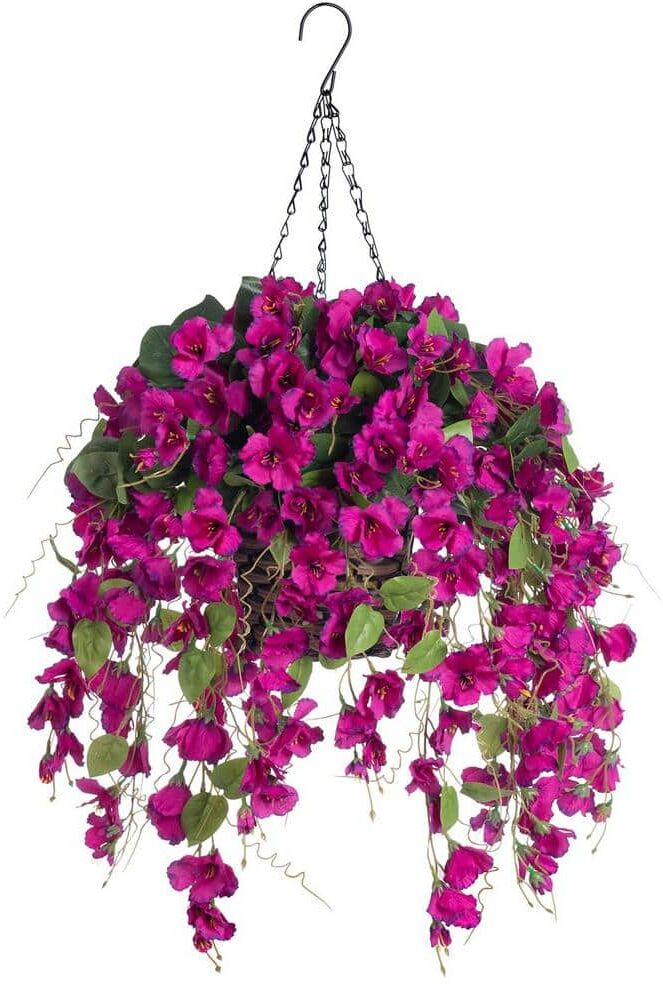 20 " Artificial Faux Hanging Flowers Plants Baskets for Outdoor Outside, Fake Purple Silk Long Orchid