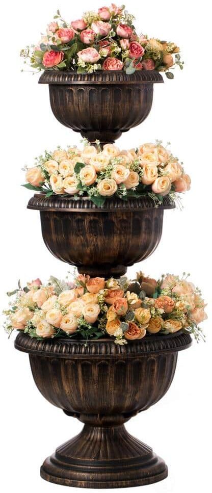 Gardenised Bronze Outdoor Garden Triple Stacked Flower Bowl Urn Tier Planter Decoration