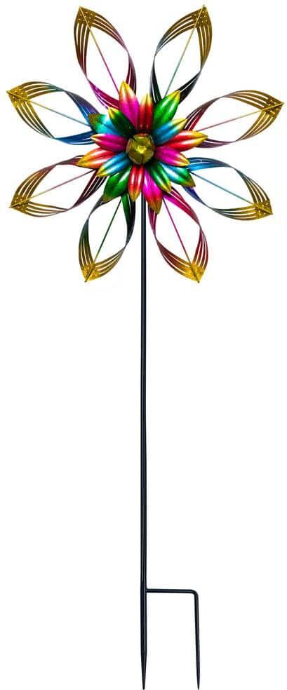 Alpine 82 in.H Outdoor Embellished Rainbow Flower Metal Wind Spinner Stake Lawn Decoration