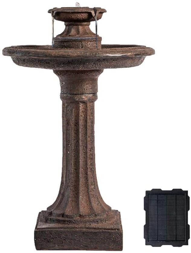 XBRAND 28 in. Solar 1-Tier Water Fountain, Outdoor Birdbath, Brown Resin w/Solar Panel, Solar Pump for Home Garden Yard Decor