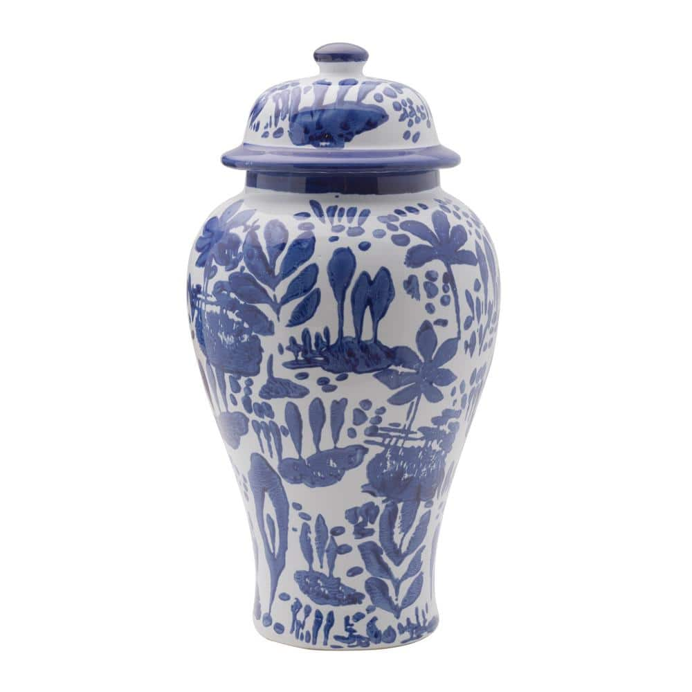 Mikasa Blue and White Landscape Round Ceramic Ginger Jar, Store Small Household Items or Display Faux Florals, 15 in.