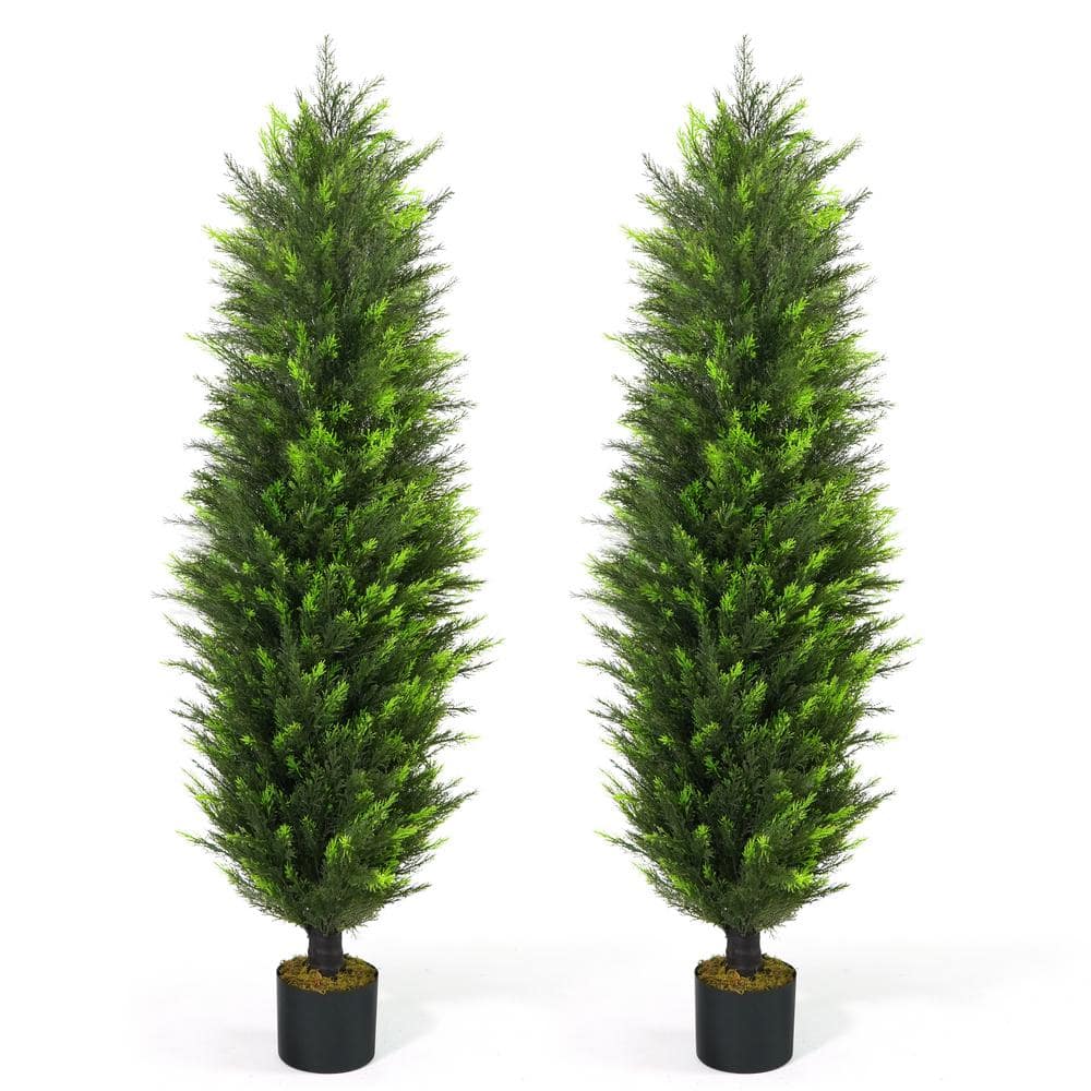 CAPHAUS 5 ft. Green Artificial Cedar Tree, Natural Faux Plants for Outside Planter with Dried Moss, UV Resistant, Set of 2