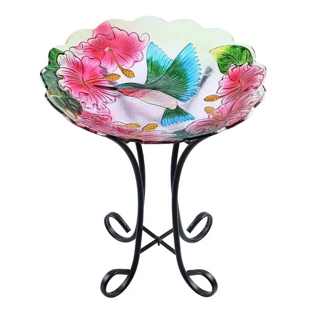 MUMTOP Outdoor Glass Birdbath with Metal Stand for Lawn Yard Garden Hummingbird Decor