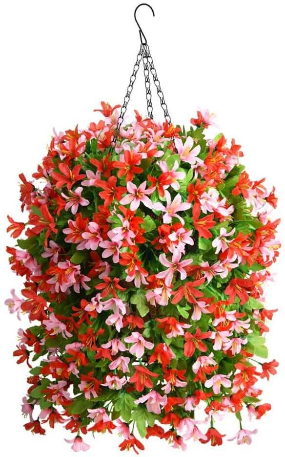 24 .8 in. Red, Pink Artificial Wall Decor Hanging Plant, Fake Silk Violet Plant Hanging Plants in Basket