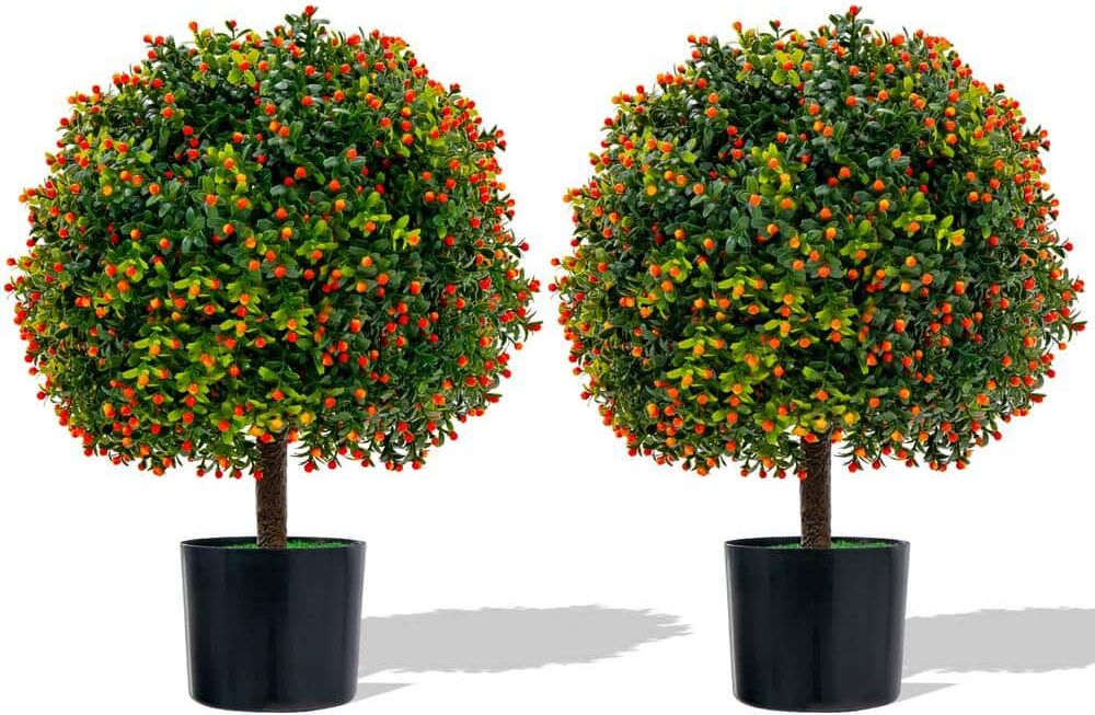 HONEY JOY 22 in. Artificial Boxwood Topiary Ball Tree 2 Pack Faux Bushes Plants with Orange Fruits & Cement Flower Pot