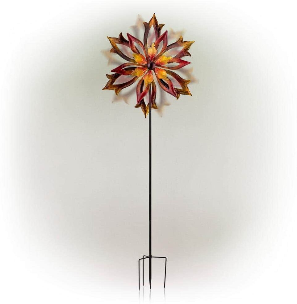 Alpine 96 in. Tall Outdoor Metal Flower Dual Kinetic Spinner Stake Yard Decoration, Red/Yellow