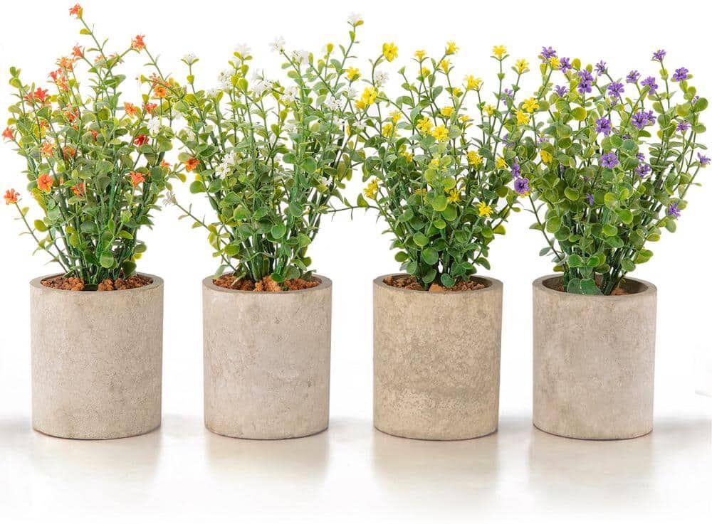 10 in. Artificial Plants and Flowers - Multi-Colored Faux Plant in Rustic Gray Pots with Brown Pebbles (Set of 4)