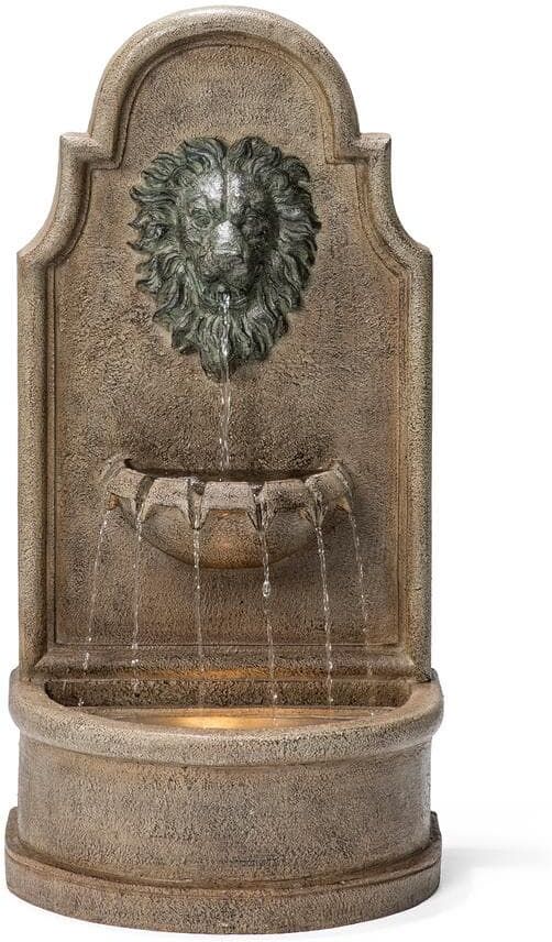 Glitzhome 31.75 in. H European Style 3-Tier Oversized Faux Granite Lion Head Polyresin Outdoor Fountain with Pump and LED Light