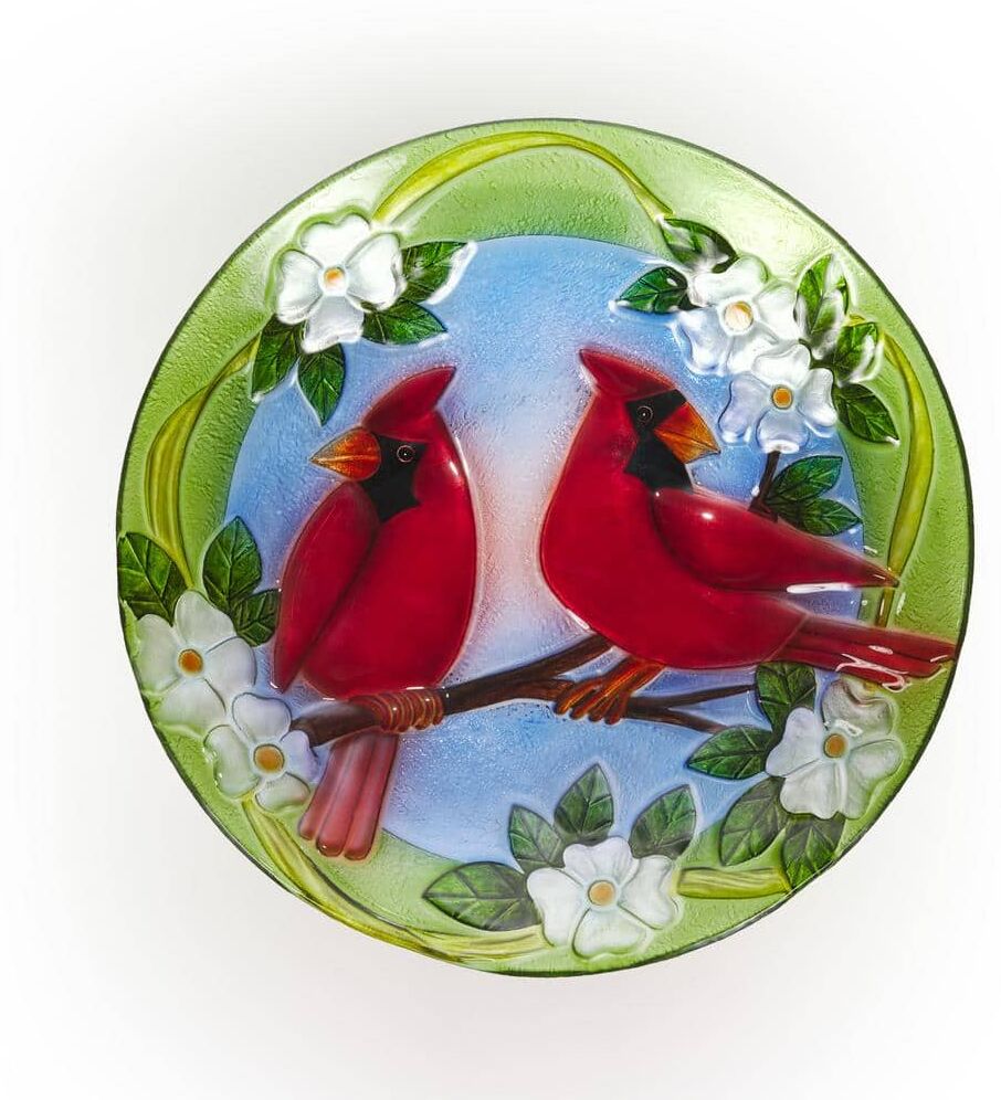 Alpine 18 in. Round Outdoor Birdbath Bowl Topper with Painted Red Cardinal and Floral Design