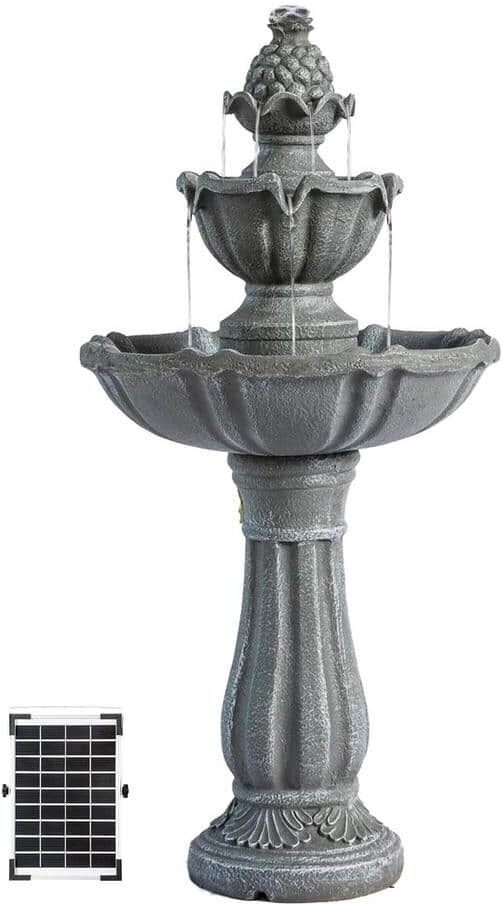 XBRAND 36.2 in. Solar 2-Tier Water Fountain, Grey Resin, Outdoor, with Solar Panel and Solar Pump for Home Garden Yard Decor