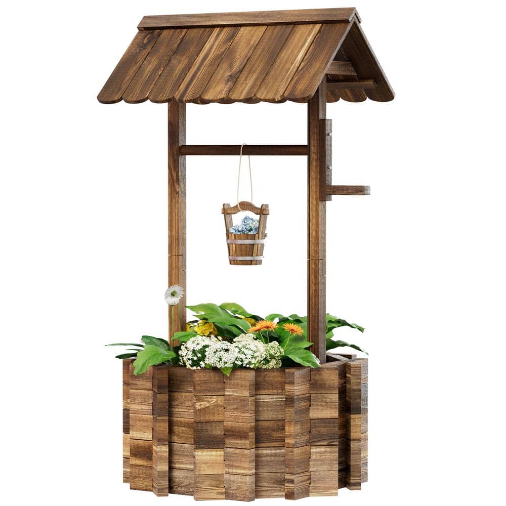 Sizzim 25 in. W Outdoor Wishing Well Wooden Planter with Hanging Bucket for Garden, Yard Decor, Upgrade - Reinforced Base