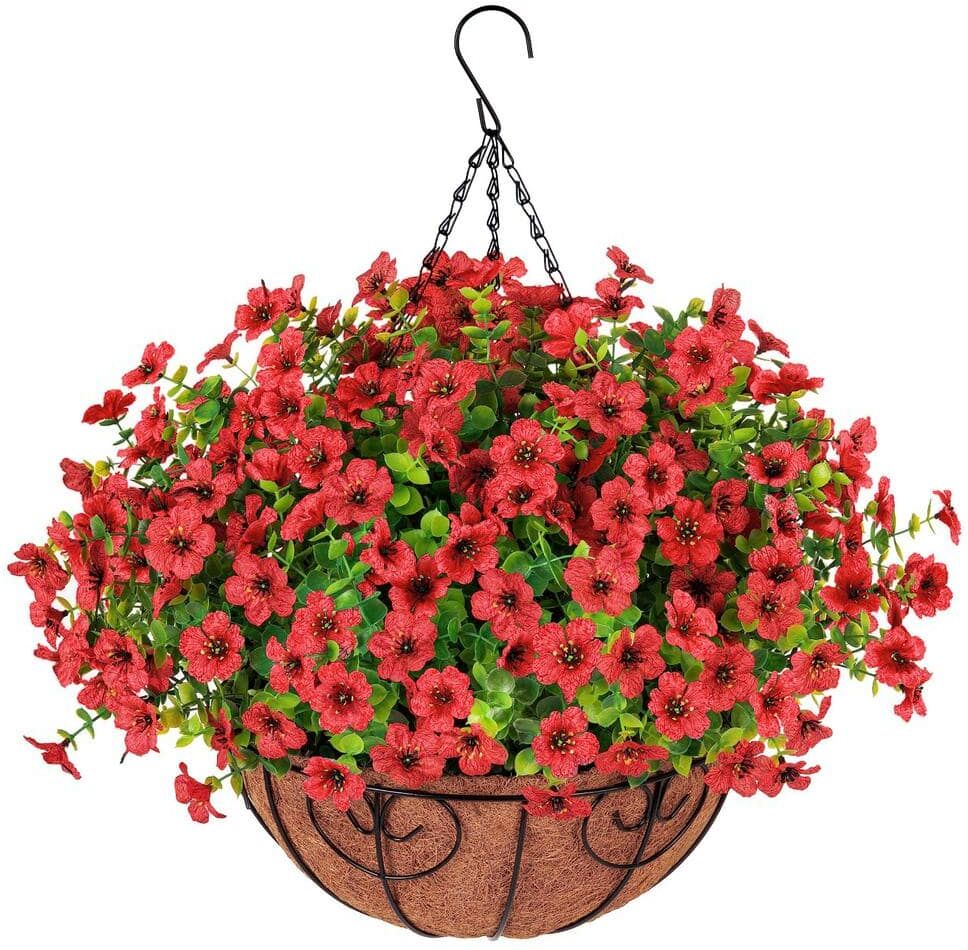 12 in. Artificial Hanging Flowers Basket, Outdoor Indoor Patio Lawn Garden Decor, Red