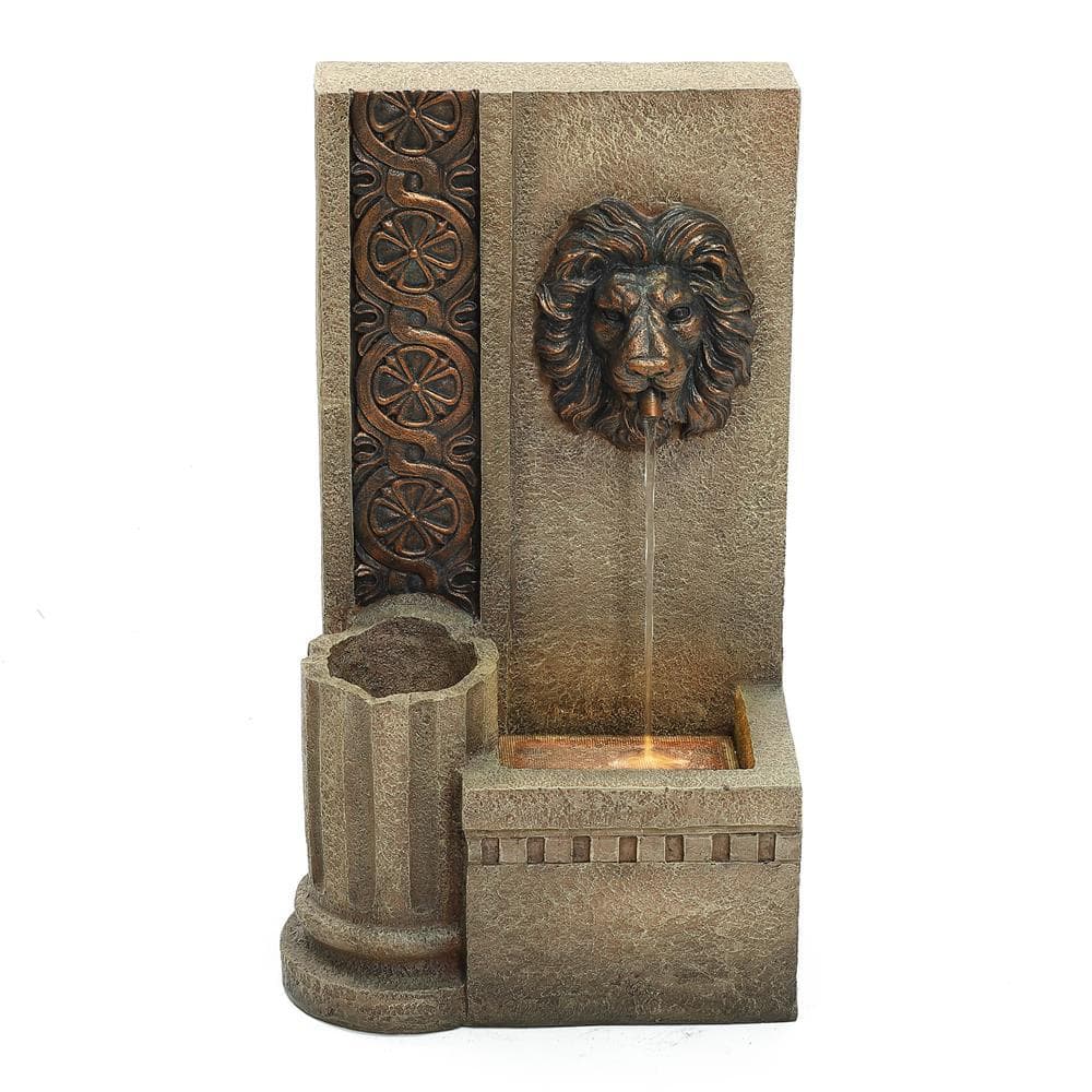 LuxenHome 25.8 in. H Sandstone Resin Regal Lion Head Floor Outdoor Waterfall Fountain with Lights