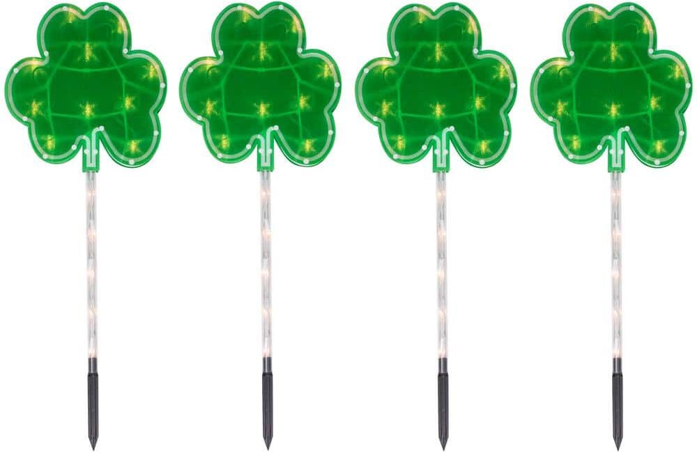 Northlight Green St Patrick's Day Shamrock Pathway Marker Lawn Stakes, Clear Lights (4-Count)