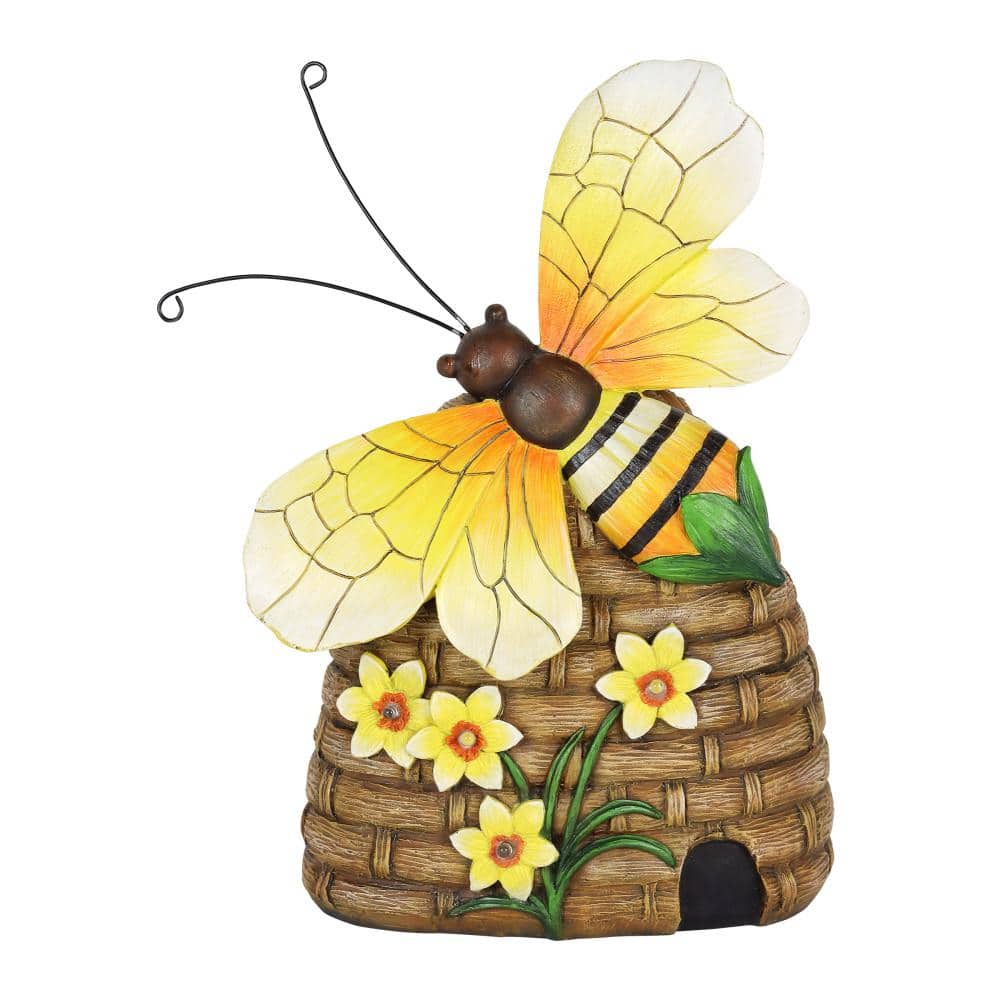 Exhart Solar Hand Painted Bee Hive with LED Flowers Garden Statue