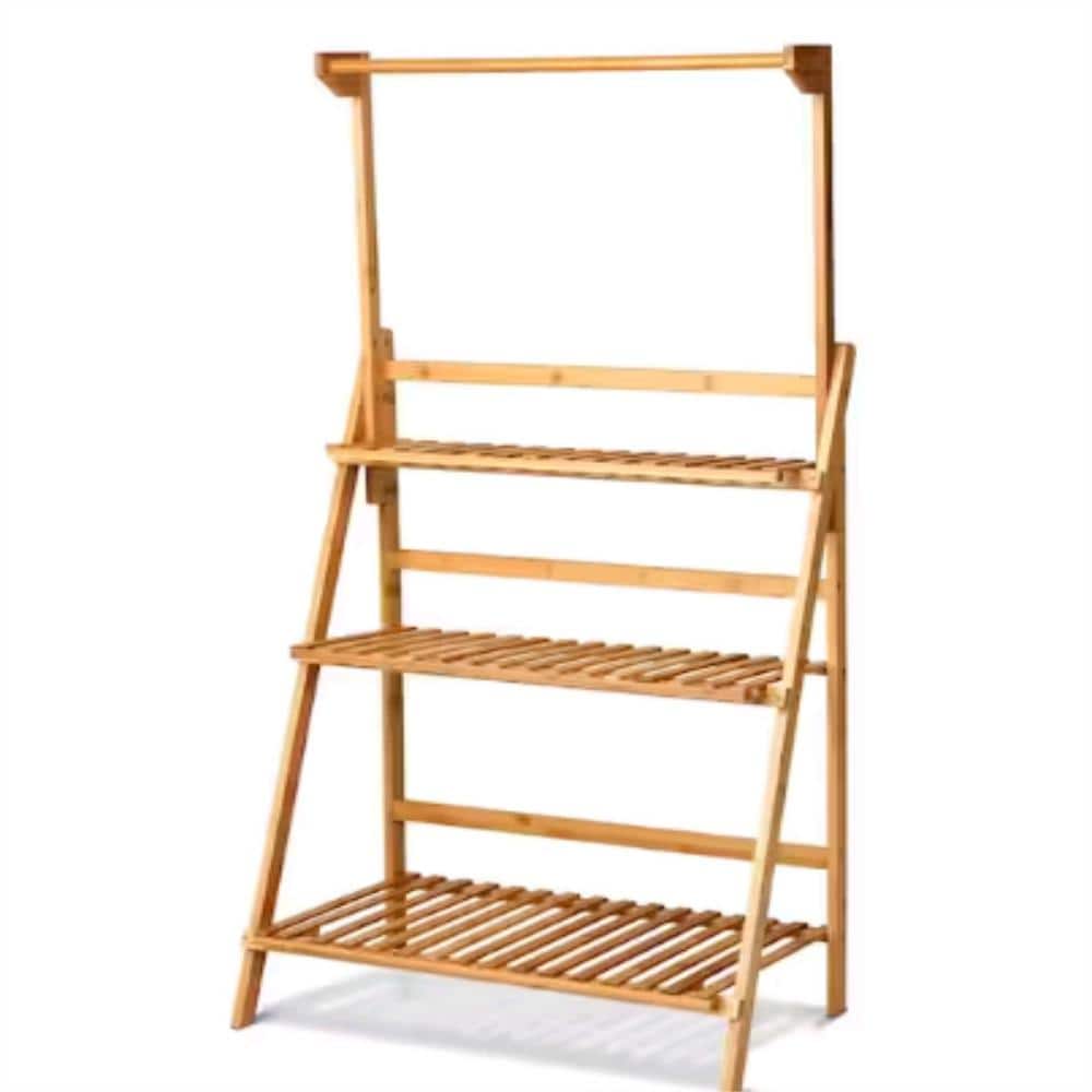 16 in. D x 27.5 in. W x 56.8 in. H Outdoor Natural Wood Flower Pot Stand Flower Plant Display Ladder Stand (3-Tier)