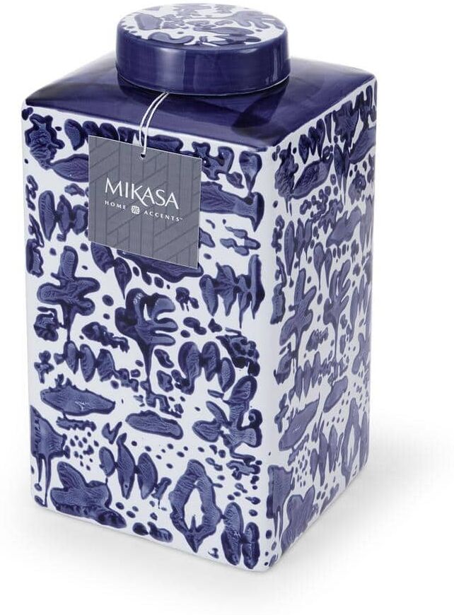 Mikasa Blue and White Landscape Square Ceramic Ginger Jar, Store Small Household Items or Display Faux Florals, 11 in.