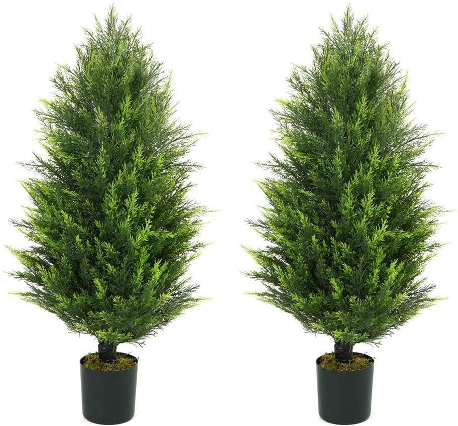 CAPHAUS 3 ft. Green Artificial Cedar Tree, Natural Faux Plants for Outside Planter with Dried Moss, UV Resistant, (Set of 2)