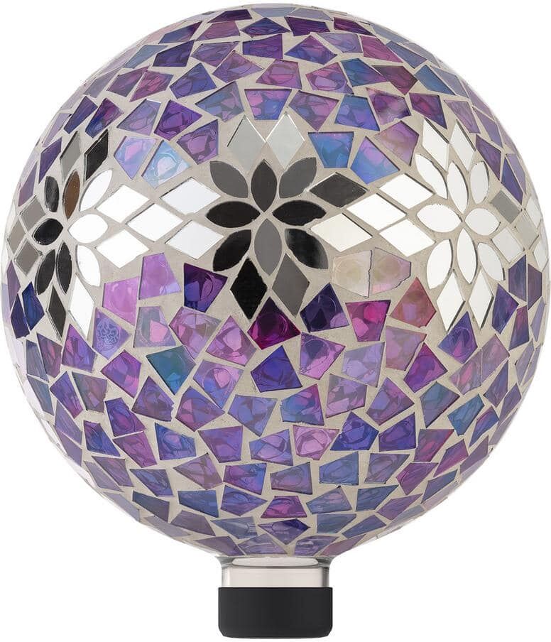 Alpine 10 in. Diameter Indoor/Outdoor Glass Mosaic Gazing Globe Yard Decoration, Purple Mosaic Flower Design