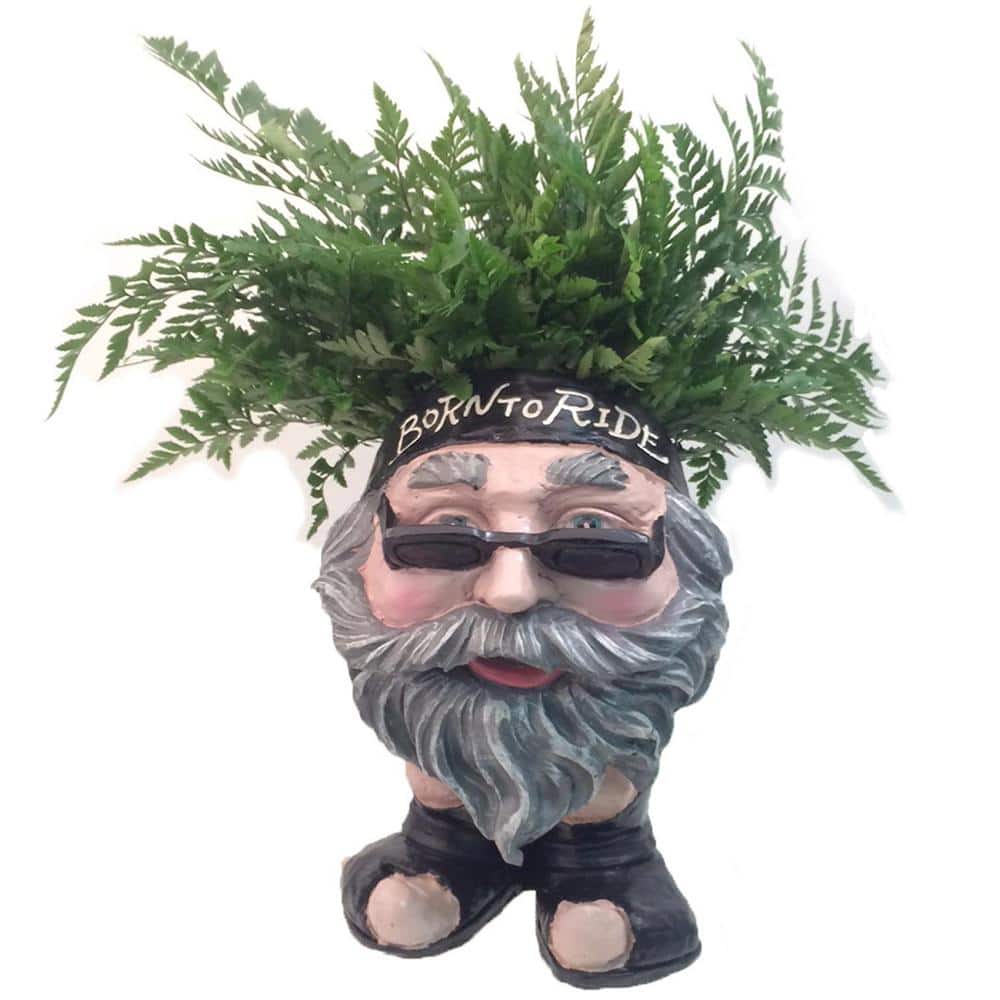 HOMESTYLES 13 in. H Biker Dude Painted Muggly Face Planter in Motorcycle Attire Statue Holds 4 in. Pot