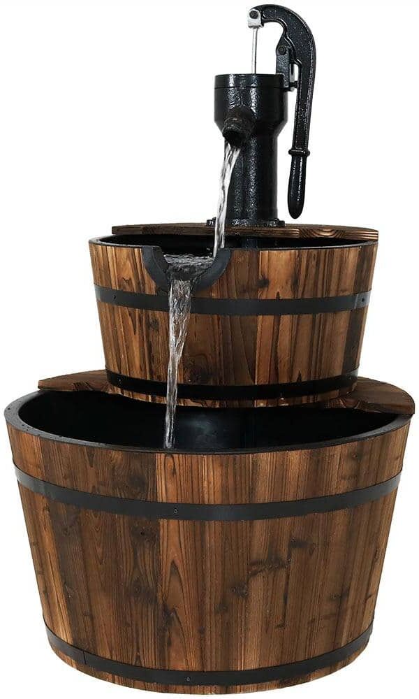 Sunnydaze Decor 37 in. 2-Tier Rustic Wood Barrel Water Fountain with Hand Pump