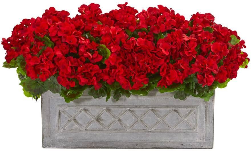 Nearly Natural Indoor/Outdoor 18 in. Geranium Artificial Plant in Stone Planter UV Resistant