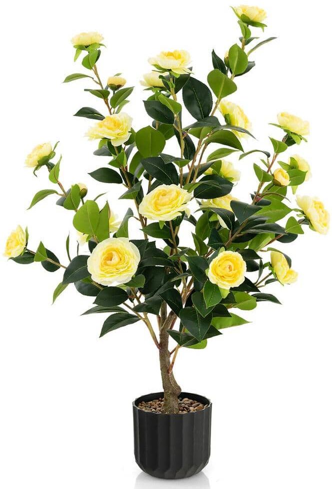 Gymax 38 in. Yellow Artificial Camellia Tree Topiary Faux Floral Plant Fake Tree for Decoration in Pot