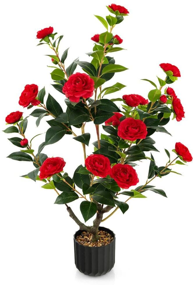 ANGELES HOME 3 ft. Red Artificial Camellia Tree Bonsai Faux Flower Plant in Cement Pot