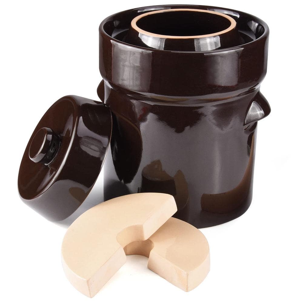SEEUTEK Brown Fermentation Crock Jar 10 Liter/2.6 Gallon - Stoneware Pot for Fermenting, Pickling Kimchi with Stone Weights