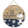 Peanuts 11 in. Tan Snoopy and Woodstock Be Happy Floral Round Colorblocked Hanging Wood Wall Decor