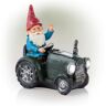 Alpine 10 in. Tall Outdoor Garden Gnome Riding Green Tractor Yard Statue Decoration with LED Lights, Multicolor