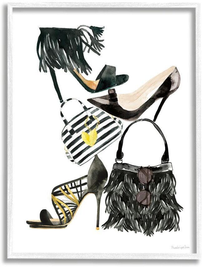 Stupell Industries Fashion Accessory Stack Fringe Shoes and Purse by Mercedes Lopez Charro Framed Abstract Wall Art Print 11 in. x 14 in.